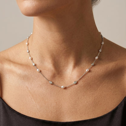 Silver Pearl & Crystal Charm Necklace