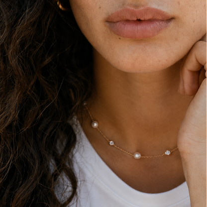Gold Pearl & Crystal Charm Necklace