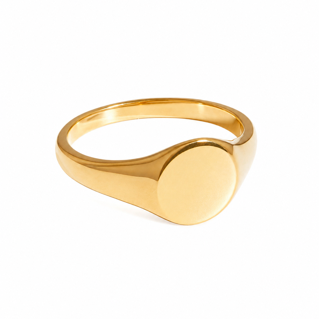 A polished yellow gold signet ring with a flat oval face, shown on a clean white background.