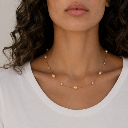 Gold Pearl & Crystal Charm Necklace