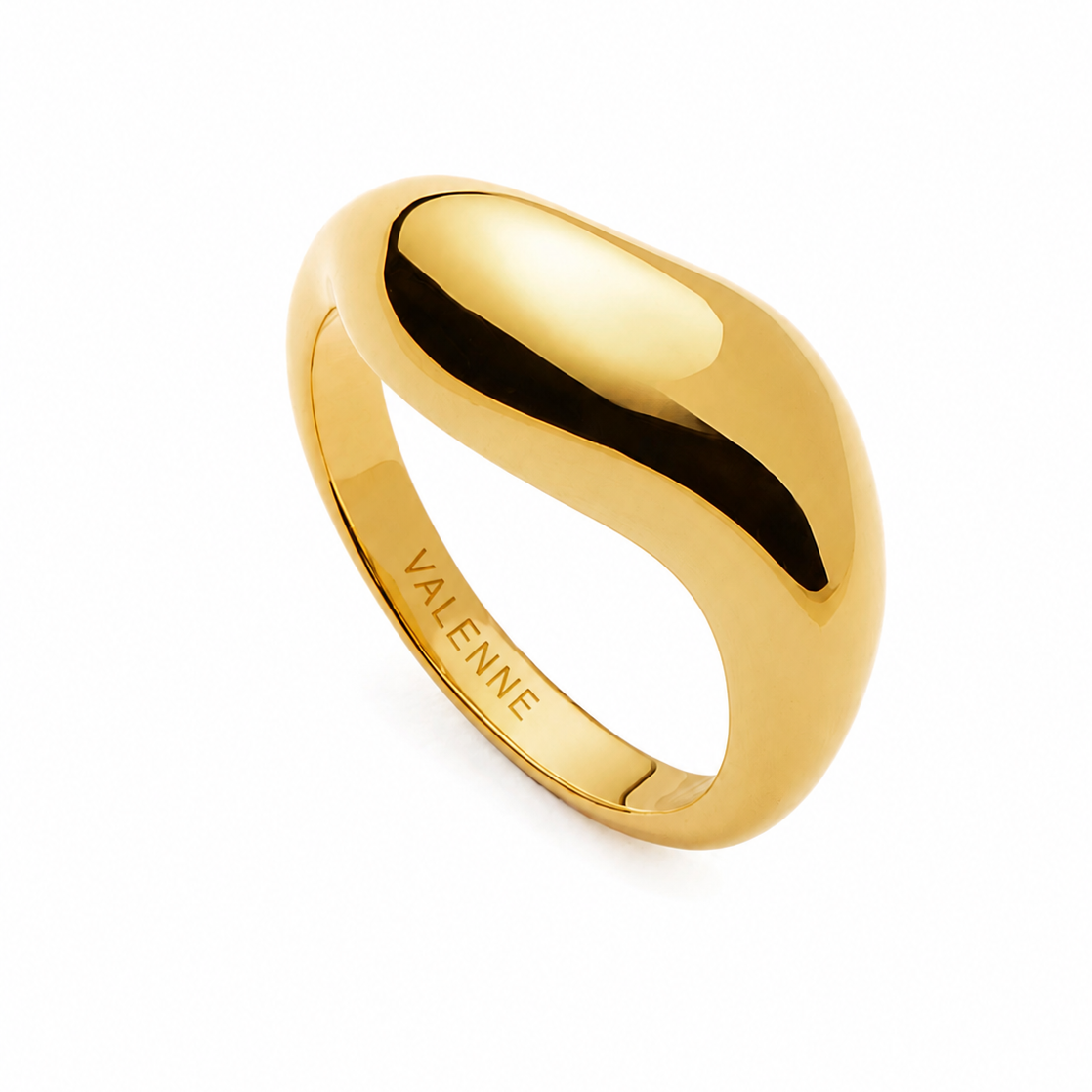 A polished gold ring with an organic, rounded asymmetrical shape, featuring the brand name 'VALENNE' engraved on the inner band, set against a clean white background.